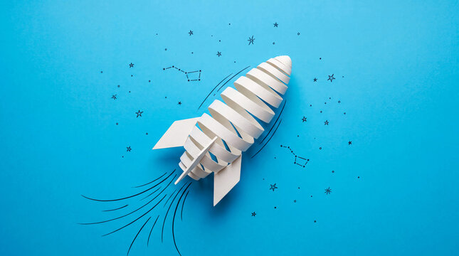 Creative paper rocket launching towards starry space background with constellation design