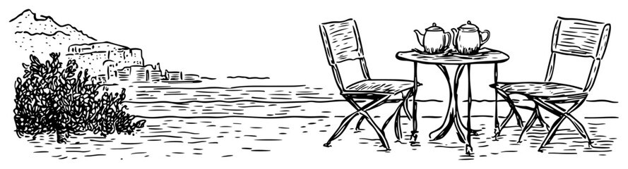 Cafe table with chairs and teapot overlooking sea coast in hand drawn sketch style © Kaz