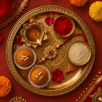 raksha bandhan festival thali with rakhi, sweets, diya, kumkum, and rice grains.