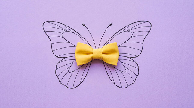 Creative yellow bow tie attached to delicate butterfly wings illustration on soft purple background