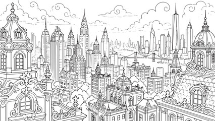 Naklejka premium City landscape. Line urban backdrop, different buildings on street, doodle street draw, outline cityscape hand sketch, flat houses. Hand drawn vector illustration