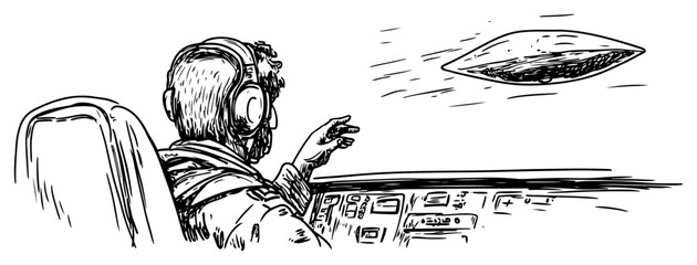 Pilot in cockpit wearing headphones watching a UFO in hand drawn sketch style © Kaz