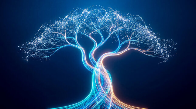 Futuristic glowing tree of life with neon roots and branches against cosmic dark background