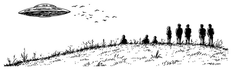 Flying saucer UFO hovering over people standing on a hill in ink sketch style © Kaz
