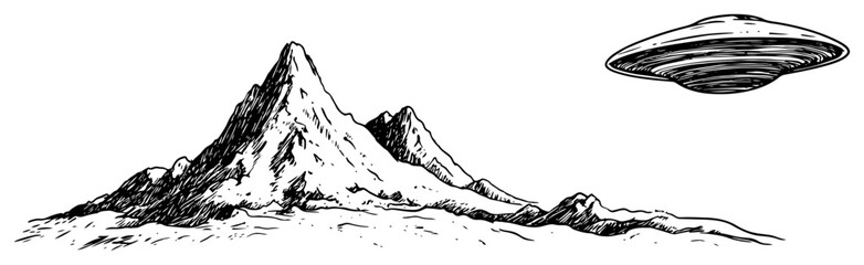 UFO flying saucer hovering near a majestic mountain peak in vintage sketch style © Kaz