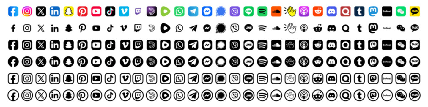 Most popular 30 social media apps logo set. Social media apps vector logotype collection. Social media icon set. Containing Facebook, Instagram, LinkedIn, Snapchat, Pinterest, YouTube, TikTok etc.