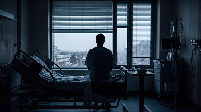 Man sitting on hospital bed looking out window during treatment with medical equipment nearby