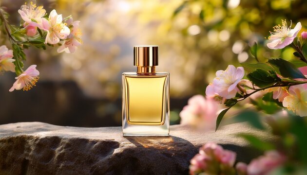 Golden Perfume Mockup Bottle On A Stone Surface With A Blurred Floral Background Natural Essence