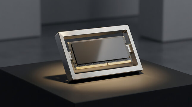 Advanced computing RAM chip within a polished titanium frame presented on a museum pedestal