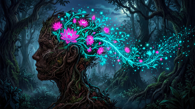 Mystical human head merging with glowing forest flowers under moonlight for creative inspiration and wellness