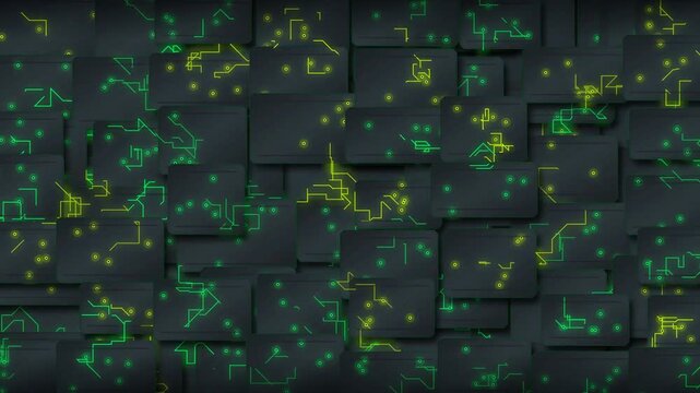 A futuristic cybernetic layered circuit plate architecture background displays glowing green and yellow pathways