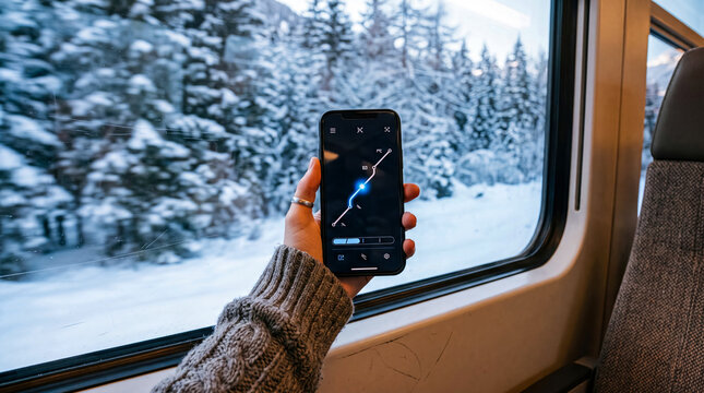 Person holding smartphone taking photo of snowy forest from moving train window