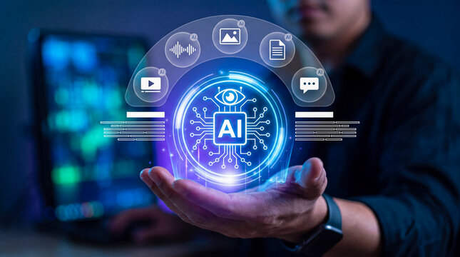 Person holding futuristic AI hologram showcasing digital content creation tools like video, audio, and chat