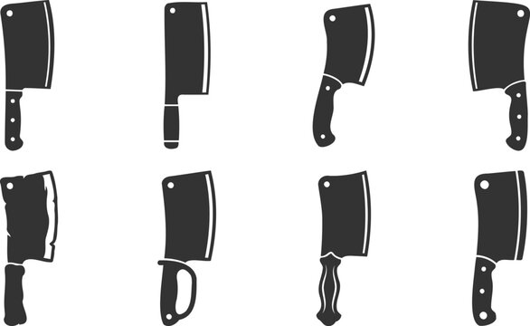 Collection of various butcher meat cleaver knife silhouettes for design