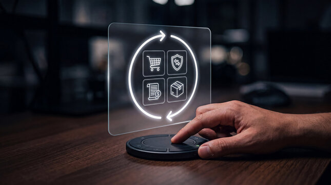Person interacting with holographic interface showcasing e-commerce icons like shopping cart, security, payment, and delivery