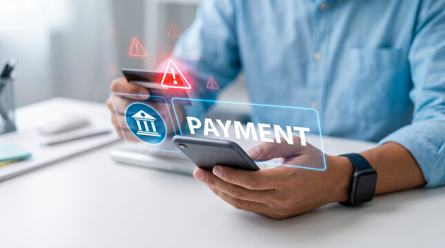Person using smartphone for secure mobile payment with digital banking and fraud alert symbols