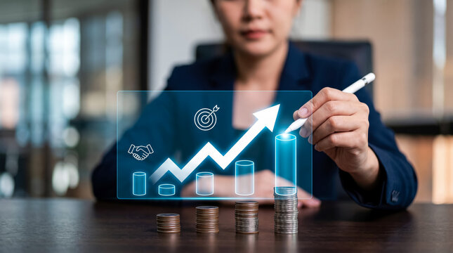 Professional analyzing financial growth with digital interface and coins on wooden desk