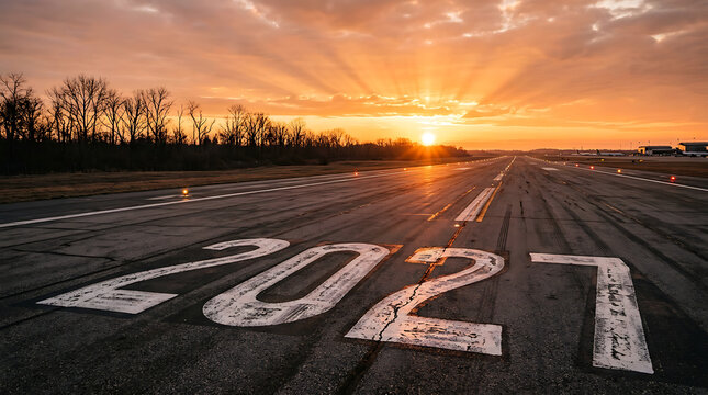 The year 2021 painted on an airport runway at sunset with a dramatic sky, symbolizing a new beginning, future travel, and looking forward to the year ahead