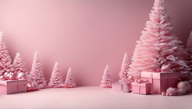 Pastel Christmas Winter Wonderland With Pink Snow Trees Gifts And Soft Copy Space