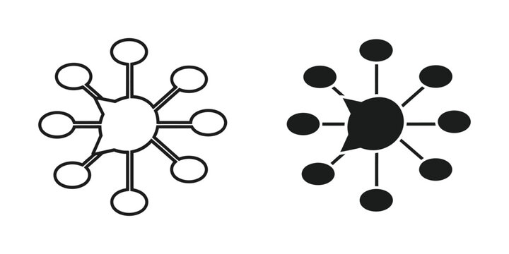 Central hub with radiating nodes in outline and solid fill for network or idea concept