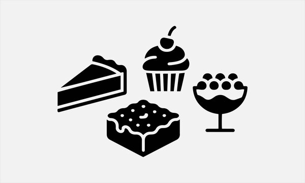 Traditional European and American dessert and popular cake black silhouette icons set on white vector illustration