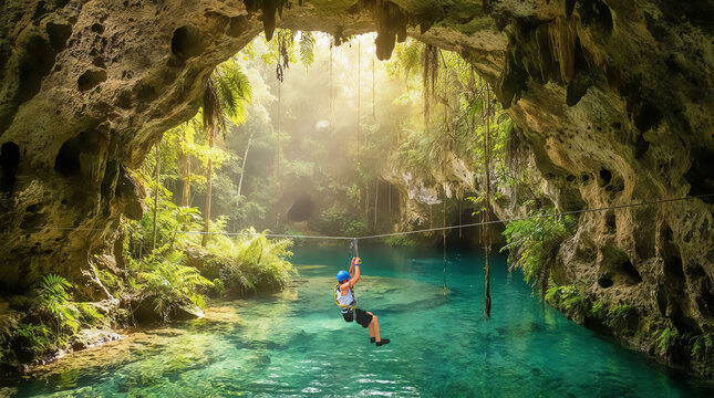 Laguna El Dud&uacute; in the Dominican Republic featuring emerald and azure lagoons, dramatic karst caves, crystal clear water, zipline above the lagoon, tropical rainforest and cinematic sunlight.