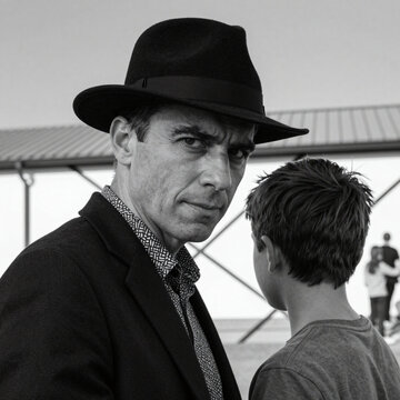 A Black-and-White Portrait of a Man in Fedora Conversing with a Boy
