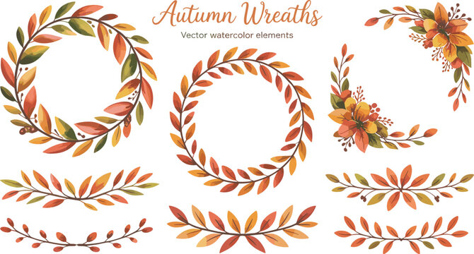 Autumn wreaths and floral borders vector set featuring watercolor leaves fall twigs corners and foliage isolated on white background