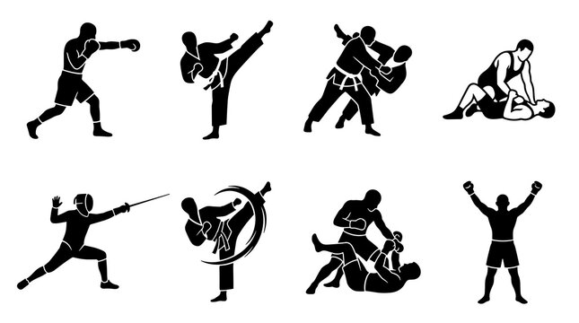 Modern Black Martial Arts and Combat Sports Silhouette Icon Set Vector Illustration with Boxing, Taekwondo, Wrestling and Fencing Athletes