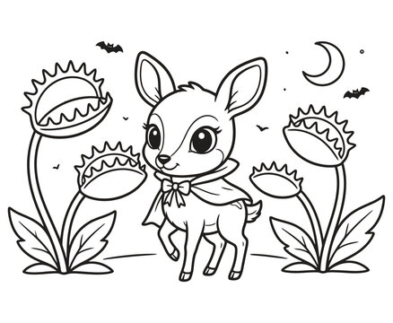 Cute fawn wearing a cloak with venus flytrap plants coloring page for kids.