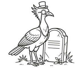 Fototapeta premium Cartoon raven with top hat and monocle standing next to a tombstone line art.