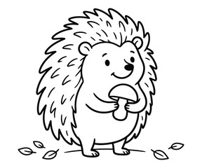Naklejka premium Cute cartoon hedgehog character standing and holding a small mushroom in simple black line art