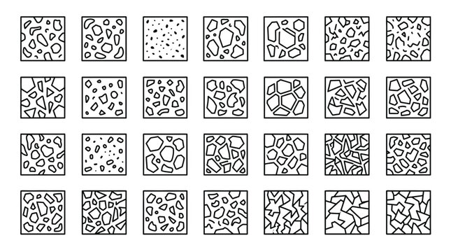 Terrazzo and stone texture pattern swatches with geometric debris and fragments in line art.