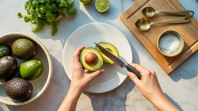 Person cutting fresh avocado on a plate in the kitchen