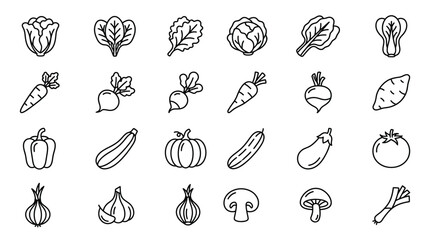 Fototapeta premium Vegetable outline icons collection for grocery market branding and healthy eating promotion.