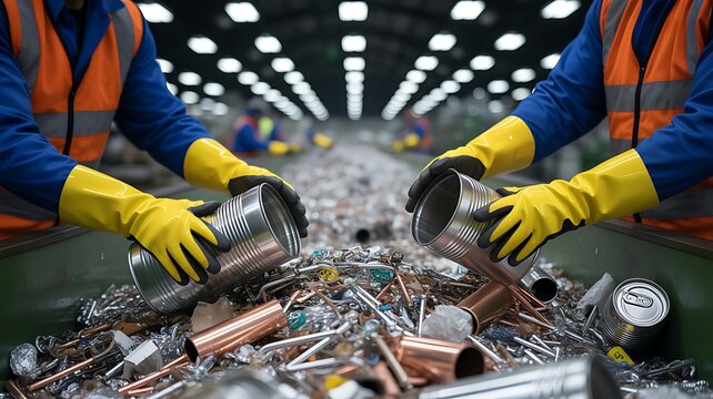 Workers sorting metal cans at a recycling facility