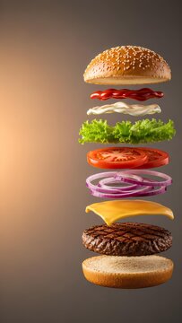 空中に浮かぶダイナミックなハンバーガーの分解図 / Dynamic Exploded View of Floating Hamburger (Generative AI)