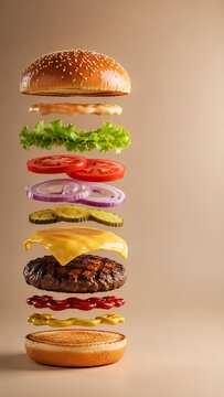 空中に浮かぶダイナミックなハンバーガーの分解図 / Dynamic Exploded View of Floating Hamburger (Generative AI)