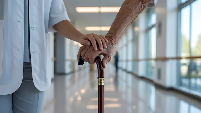 Elderly person holding a walking cane in a hospital hallway