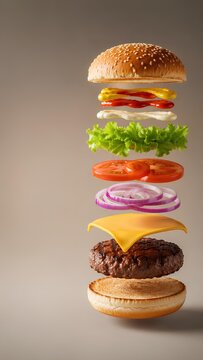 空中に浮かぶダイナミックなハンバーガーの分解図 / Dynamic Exploded View of Floating Hamburger (Generative AI)
