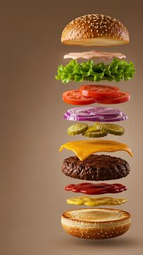 空中に浮かぶダイナミックなハンバーガーの分解図 / Dynamic Exploded View of Floating Hamburger (Generative AI)