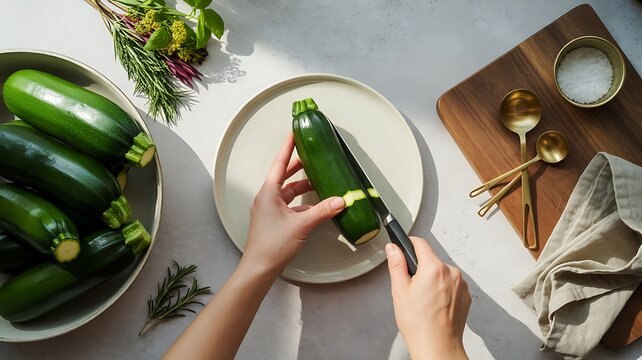 Person peeling fresh green zucchini on kitchen table
