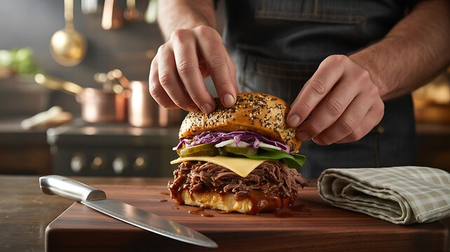 Chef preparing a fresh gourmet burger in a kitchen