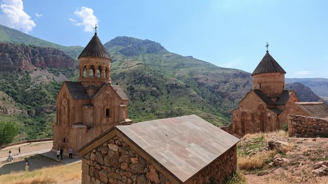 Ancient Noravank Armenian monastery rise against rugged mountains