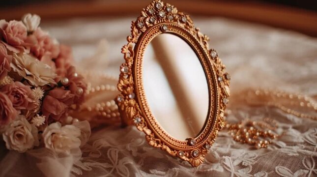 A gold-framed mirror sits on a lace tablecloth next to pink and white roses and pearls indoors.