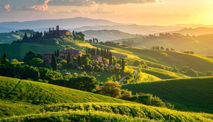 Fototapeta premium Breathtaking sunset over the rolling green hills and traditional villas of the Tuscan countryside in Italy