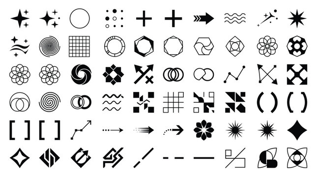 Collection of modern abstract geometric shapes with various elements including circles, dots, stars, arrows, waves, spirals, grids, hexagons, lines.
