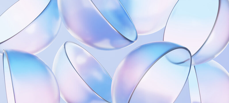 Creative glass texture refraction shape semicircle modern abstract background gradient colours design minimalist holographic motion scene poster futuristic geometric dynamic wallpaper. 3d render
