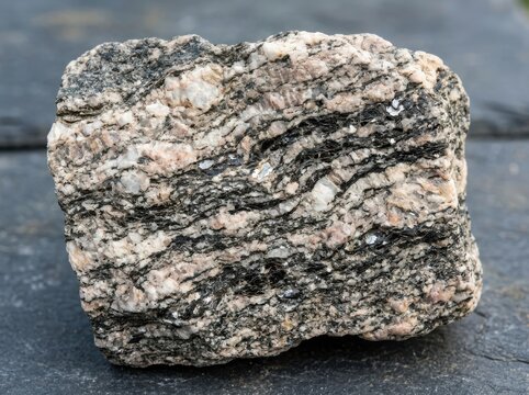 Raw piece of grey metamorphic gneiss stone with visible mineral layers and textured surface