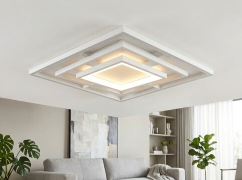 Modern square led ceiling light fixture installed in a bright living room